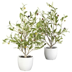 Nearly Natural 18"H Silk Olive Trees With Vases, Green/White, Set Of 2 Trees