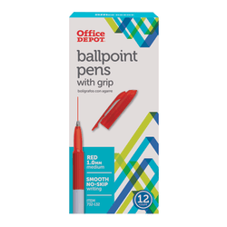 Office Depot® Brand Grip Ballpoint Pens, Medium Point, 1.0 mm, White Barrel, Red Ink, Pack Of 12 Pens