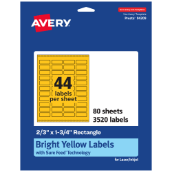 Avery® Print-To-The-Edge Labels With Sure Feed® Technology And Easy Peel® Label Feature, 94209-BYP80, Rectangle, 2/3" x 1-3/4", Matte Bright Yellow, Pack of 3520