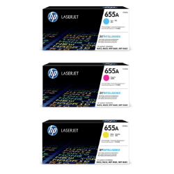 HP 655A 3-Color Cyan/Magenta/Yellow Toner Cartridges, Set Of 3 Cartridges, HP655ACMY-OD