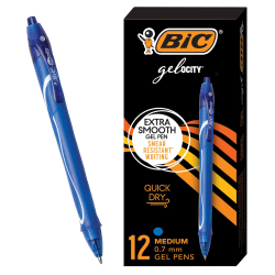 BIC® Gel-ocity Quick Dry Retractable Gel Pens, Medium Point, 0.7 mm, Blue Barrel, Blue Ink, Pack Of 12