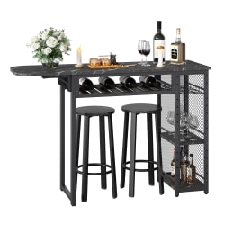 Bestier Expandable Bar Table And Stool Set With Wine Rack & Shelves, 36"H x 55-1/8"W x 15-13/16"D, Black Marble