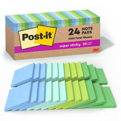 Post-it® Recycled Super Sticky Notes, 3 in x 3 in, 24 Pads, 70 Sheets/Pad, 2x the Sticking Power, Oasis Collection, 30% Recycled