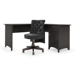 Bush Furniture Salinas 60"W L-Shaped Desk With Mid-Back Tufted Office Chair, Vintage Black, Standard Delivery