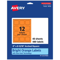 Avery® Print-To-The-Edge Labels With Sure Feed® Technology, 94124-BOP40, Arched Square, 2" x 2-3/16", Matte Bright Orange, Pack of 480
