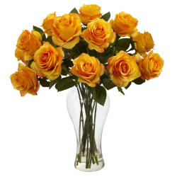 Nearly Natural Blooming Roses 18"H Artificial Floral Arrangement With Vase, 18"H x 13"W x 13"D, Orange/Yellow