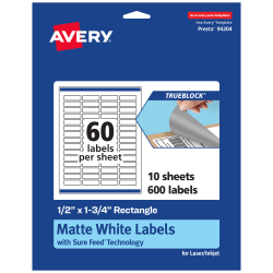 Avery® Print-To-The-Edge TrueBlock® Labels With Sure Feed®, 94204-TWMP10, Rectangle, 1/2" x 1-3/4", Matte White, Pack Of 600