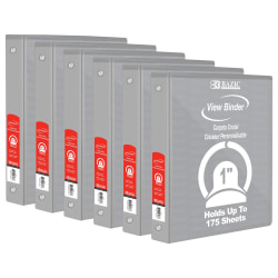 BAZIC Products 3-Ring View Binder With 2 Pockets, 1" Round, Gray, Pack Of 6