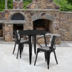 Flash Furniture Commercial Grade Round Metal Indoor-Outdoor Table Set With 2 Arm Chairs, 29-1/2"H x 30"W x 30"D, Black