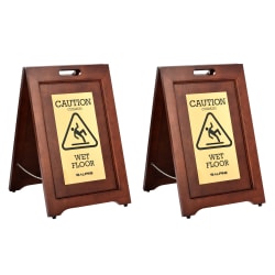 Alpine Industries 2-Sided Brass-Plated Wooden Bilingual Wet Floor Signs, 24" x 15", Brown, Pack Of 2 Signs
