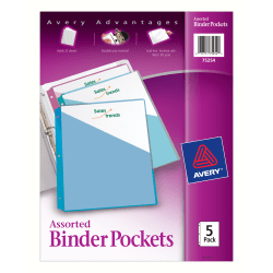 Avery® Binder Pockets For 3 Ring Binders, Assorted (Blue, Clear, Green, Pink, Yellow), Pack Of 5 Binder Pockets