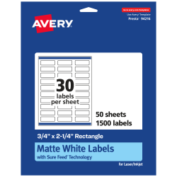 Avery® Permanent Labels With Sure Feed®, 94216-WMP50, Rectangle, 3/4" x 2-1/4", White, Pack Of 1,500