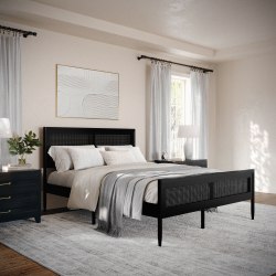 Flash Furniture Martha Stewart Jax Solid Wood Platform Bed with Rattan Headboard and Footboard, No Box Spring Required, Black, Queen