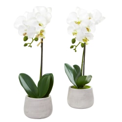 Nearly Natural Phalaenopsis Orchid 15"H Artificial Floral Arrangements With Planter, 15"H x 4-1/2"W x 4-1/2"D, White, Set Of 2