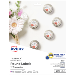 Avery® Print-To-The-Edge TrueBlock® Labels With Sure Feed® Technology, 5224, Round, 1" Diameter, Matte White, Pack Of 720