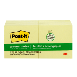 Post-it Greener Notes, 3 in x 3 in, 12 Pads, 100 Sheets/Pad, Clean Removal, Canary Yellow