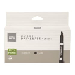 Office Depot® Brand Low-Odor Dry-Erase Markers, Fine Point, 100% Recycled Plastic Barrel, Black, Pack Of 12