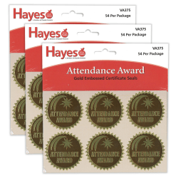 Hayes Publishing Gold Foil Embossed Seals, Attendance Award, 54 Per Pack, Set Of 3 Packs