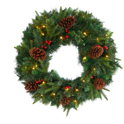 Nearly Natural 24"H Mixed Pine Artificial Christmas Wreath With 35 LED Lights And Berries, 24" x 5", Green