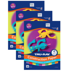 Tru-Ray Construction Paper, Heavyweight, 12" x 18", Vibrant Assortment, 10 Vibrant Colors, 50 Sheets Per Pack, Set Of 3 Packs