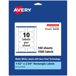Avery® Permanent Labels With Sure Feed®, 94230-WMP100, Rectangle, 1-1/2" x 2-3/4", White, Pack Of 1,000