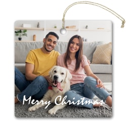 Custom Full-Color Photo Ceramic Keepsake Holiday Ornament With Gold Cord, Square Shape, 3" x 3"