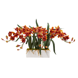 Nearly Natural Cymbidium 15"H Artificial Floral Arrangement With Vase, 15"H x 35"W x 13"D, White/Burgundy