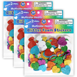 Ready 2 Learn Glitter Foam Stickers, Hearts, Multi Glitter, 168 Stickers Per Pack, Set Of 3 Packs