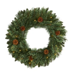 Nearly Natural White Mountain 24"H Pine Artificial Christmas Wreath With 35 LED Lights And Pine Cones, 24" x 4", Green