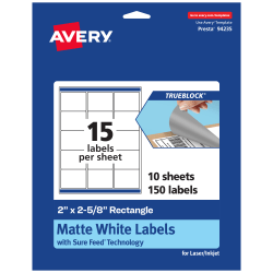 Avery® TrueBlock® Labels With Sure Feed®, 94235-TWMP10, Rectangle, 2" x 2-5/8", Matte White, Pack Of 150