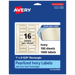 Avery® Pearlized Permanent Labels With Sure Feed®, 94201-PIP100, Rectangle, 1" x 2-5/8", Ivory, Pack Of 1,600 Labels
