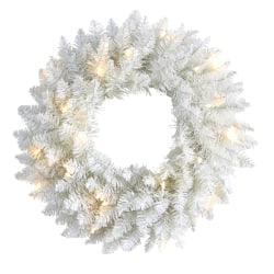 Nearly Natural Colorado Spruce Artificial Christmas Wreath With 129 Bendable Branches And 20 Warm LED Lights, 18" x 4", White
