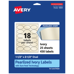 Avery® Pearlized Permanent Labels With Sure Feed®, 94051-PIP25, Oval, 1-1/2" x 2-1/2", Ivory, Pack Of 450 Labels