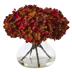 Nearly Natural Hydrangea 8-1/2"H Silk Flower Arrangement With Glass Vase, 8-1/2"H x 9"W x 9"D, Rust