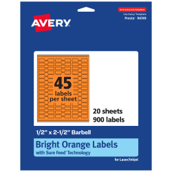 Avery® Printable Labels With Sure Feed® Technology, 94749-BOP20, Barbell, 1/2" x 2-1/2", Matte Bright Orange, Pack of 900