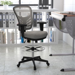 Flash Furniture Ergonomic Mesh Mid-Back Drafting Chair With Adjustable Foot Ring And Arms, Light Gray/Black