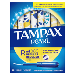 Tampax Pearl Tampons With LeakGuard Braid, Regular Absorbency, Unscented, Pack Of 18 Tampons