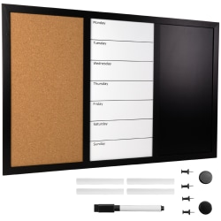 Excello Global Products Magnetic Dry-Erase Whiteboard/Chalk/Cork Combo Board, Aluminum, 15-1/2" x 23-1/2", Black Wood Frame