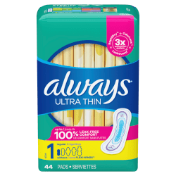 Always Ultra Thin Pads Without Wings, Size 1, Regular, Pack Of 44 Pads