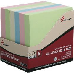SKILCRAFT 3" x 3" 30% Recycled Self-Stick Notes, Assorted Pastel Colors, Pack Of 6 (AbilityOne 7530-01-456-2249)