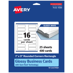 Avery® Printable Rounded Corner Mini Business Cards With Sure Feed® Technology, Print-To-The-Edge, 1"x3", Glossy White, Pack Of 400