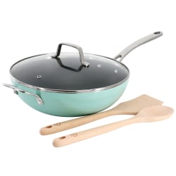 Martha Stewart 5-Quart Aluminum Nonstick Essential Pan With Lid And Beech Wood Utensils, 12", Blue