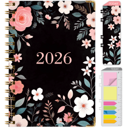 2025-2026 Global Excello Brands Large Print Hardcover Fashion Weekly/Monthly Planner, 5-1/2" x 8", Black Floral Pink, November 2025 To December 2026