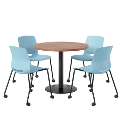 KFI Studios Proof Cafe Round Pedestal Table With Imme Caster Chairs, Includes 4 Chairs, 29"H x 36"W x 36"D, River Cherry Top/Black Base/Sky Blue Chairs
