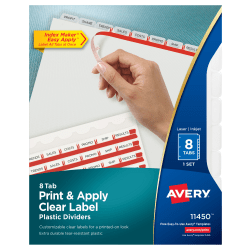 Avery® Print & Apply Clear Label Translucent Plastic Dividers with Index Maker® Easy Apply™ Printable Label Strip, 8 Frosted Clear Tabs