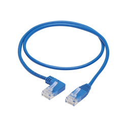 Tripp Lite Cat6 Ethernet Cable Left Angled UTP Slim Molded M/M Blue 3ft - First End: 1 x RJ-45 Male Network - Second End: 1 x RJ-45 Male Network - 1 Gbit/s - Patch Cable - Gold Plated Contact - 24 AWG - Blue