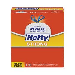 Hefty® Strong Tall Kitchen Drawstring Bags, 13 gal, 23.75" x 27", White, 120 Bags/Box, 3 Boxes/Carton