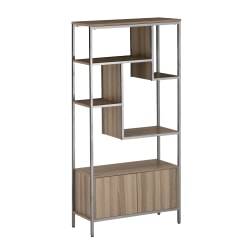 Techni Mobili 63"H Storage Rack 5-Shelf Bookcase With 2-Door Cabinet, Oak