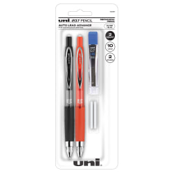 uni-ball® 207 Auto Advancing Mechanical Pencils With Hexagonal Twist Eraser, 7mm, Black and Red Barrels, Starter Set Includes 2 Pencils, 10 Lead Refills, 2 Eraser Refills, Pack of 2 Pencils