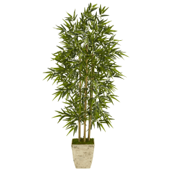 Nearly Natural Bamboo Tree 65"H Artificial Plant With Planter, 64"H x 10"W x 10"D, Green/Country White